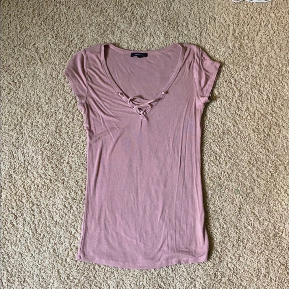 mauve pink short sleeve shirt with laceup